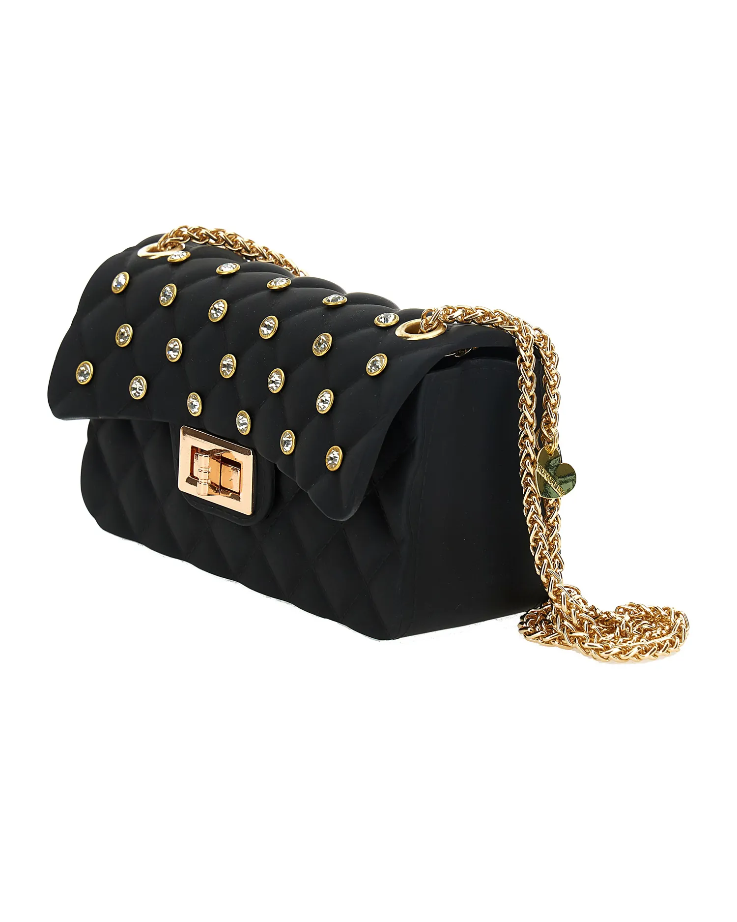 Borsa nera con strass e tracolla color oro