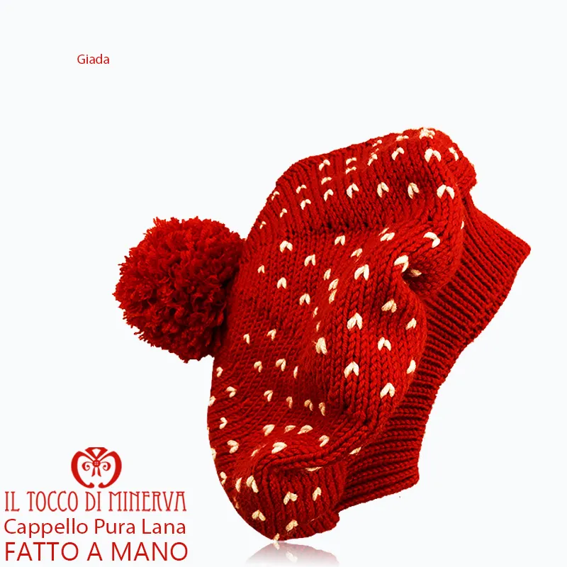 Cappello Basco pura lana Giada pon pon rosso - Fatto a Mano