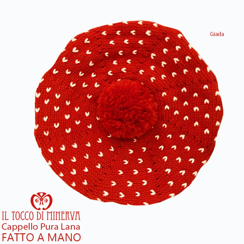 Cappello Basco pura lana Giada pon pon rosso - Fatto a Mano