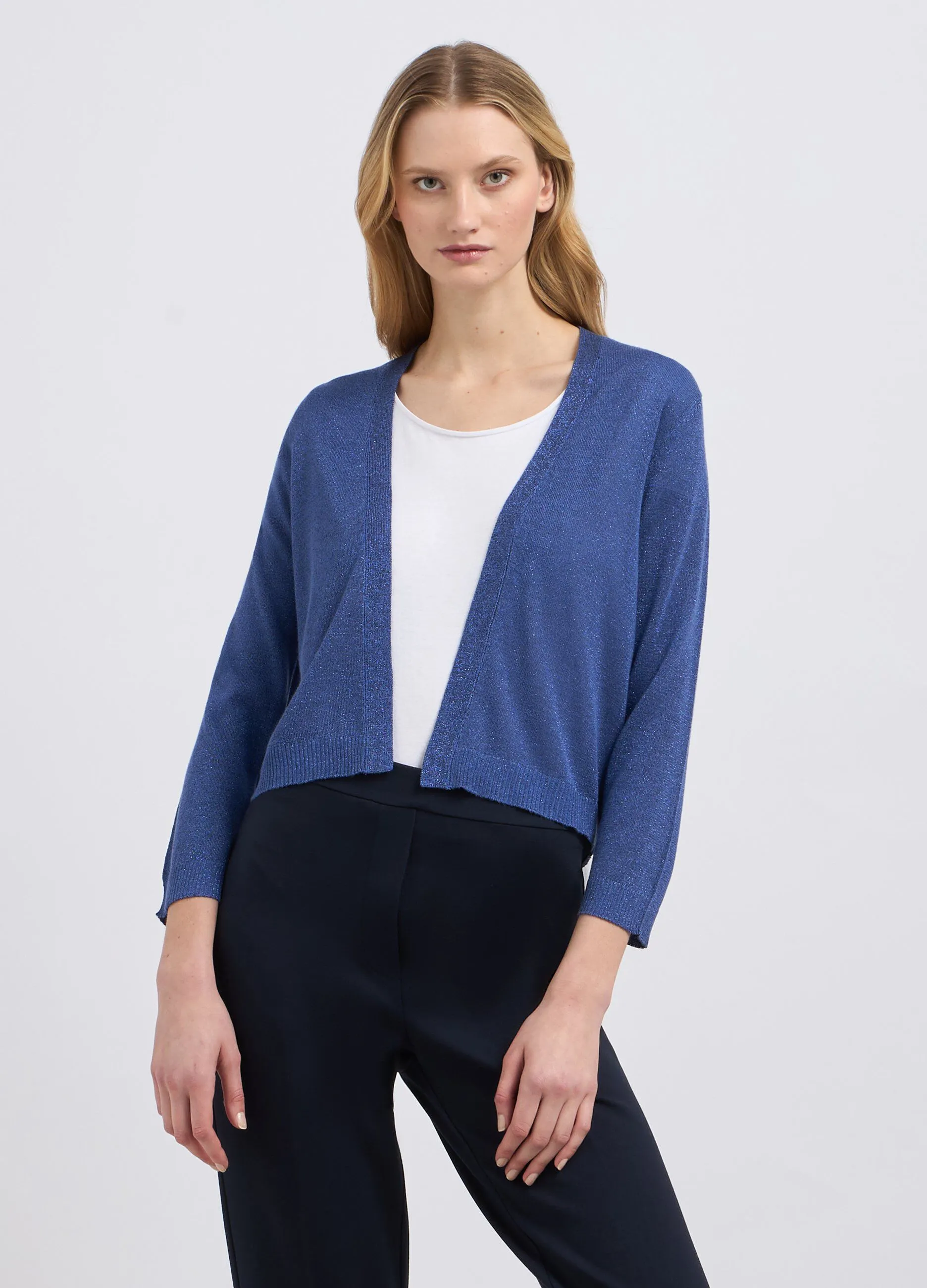 Cardigan tricot in misto viscosa e filo lurex donna