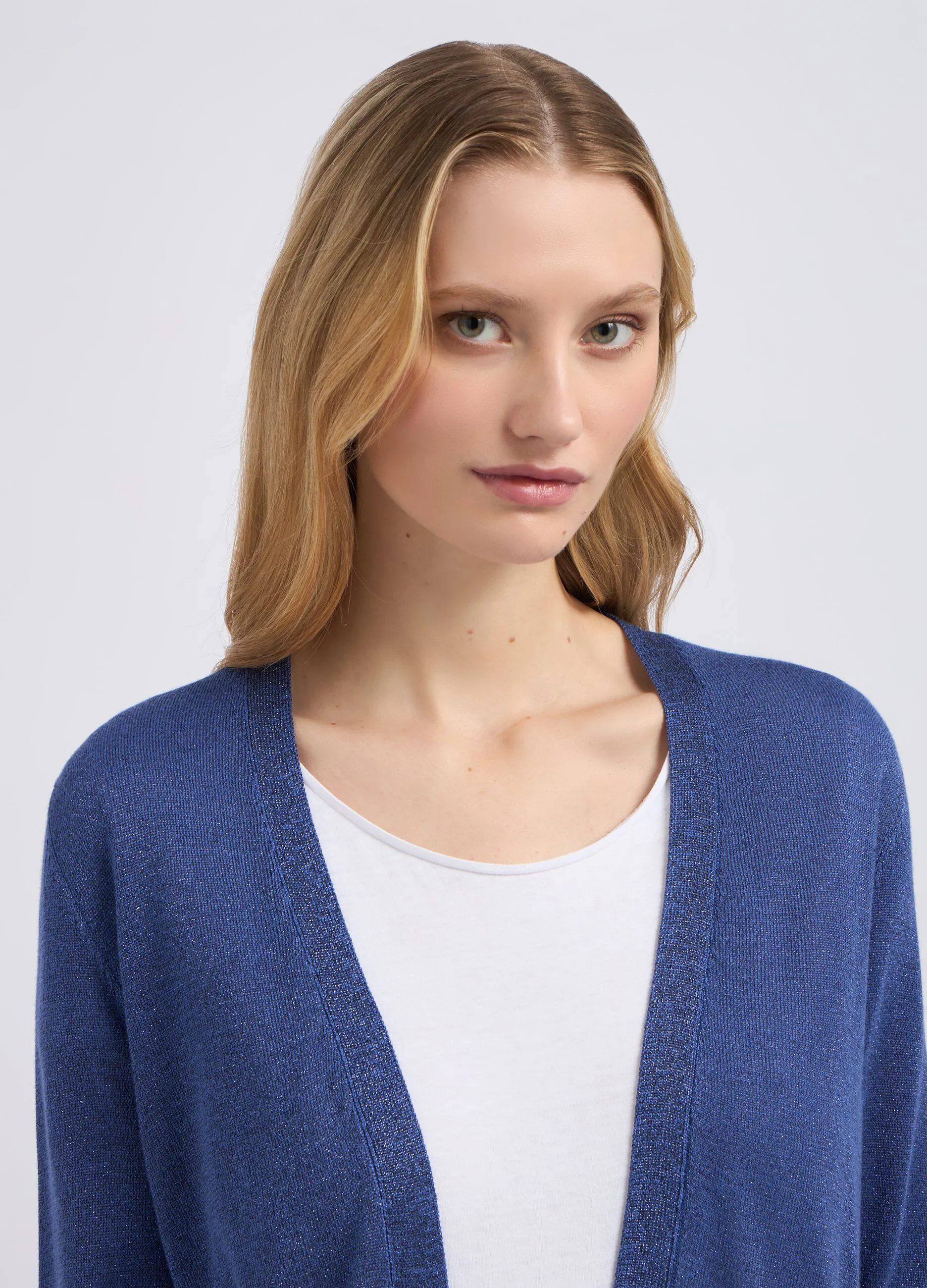 Cardigan tricot in misto viscosa e filo lurex donna