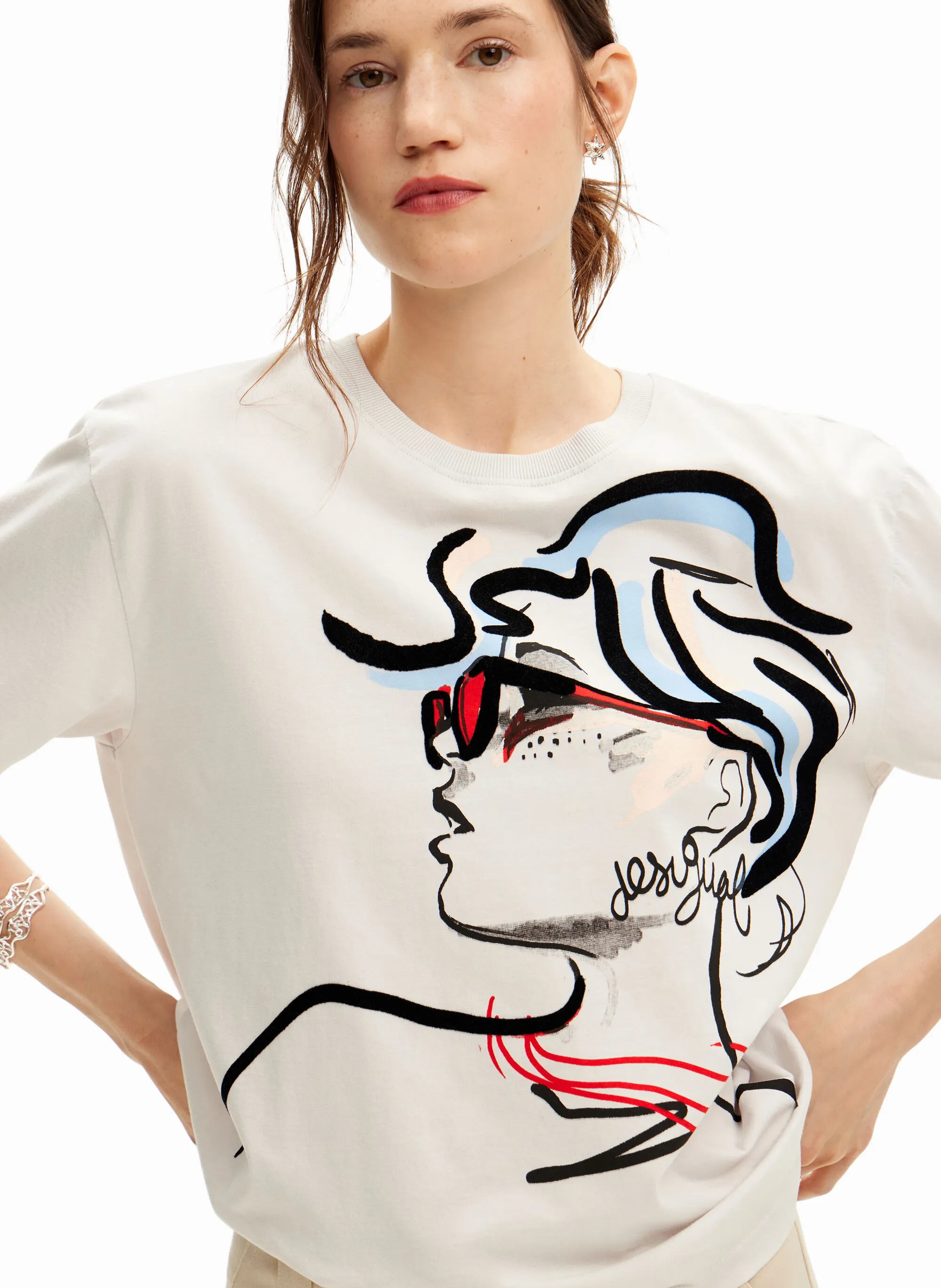 DESIGUAL   Maglietta girocollo dritta in cotone serigrafato | Bianco