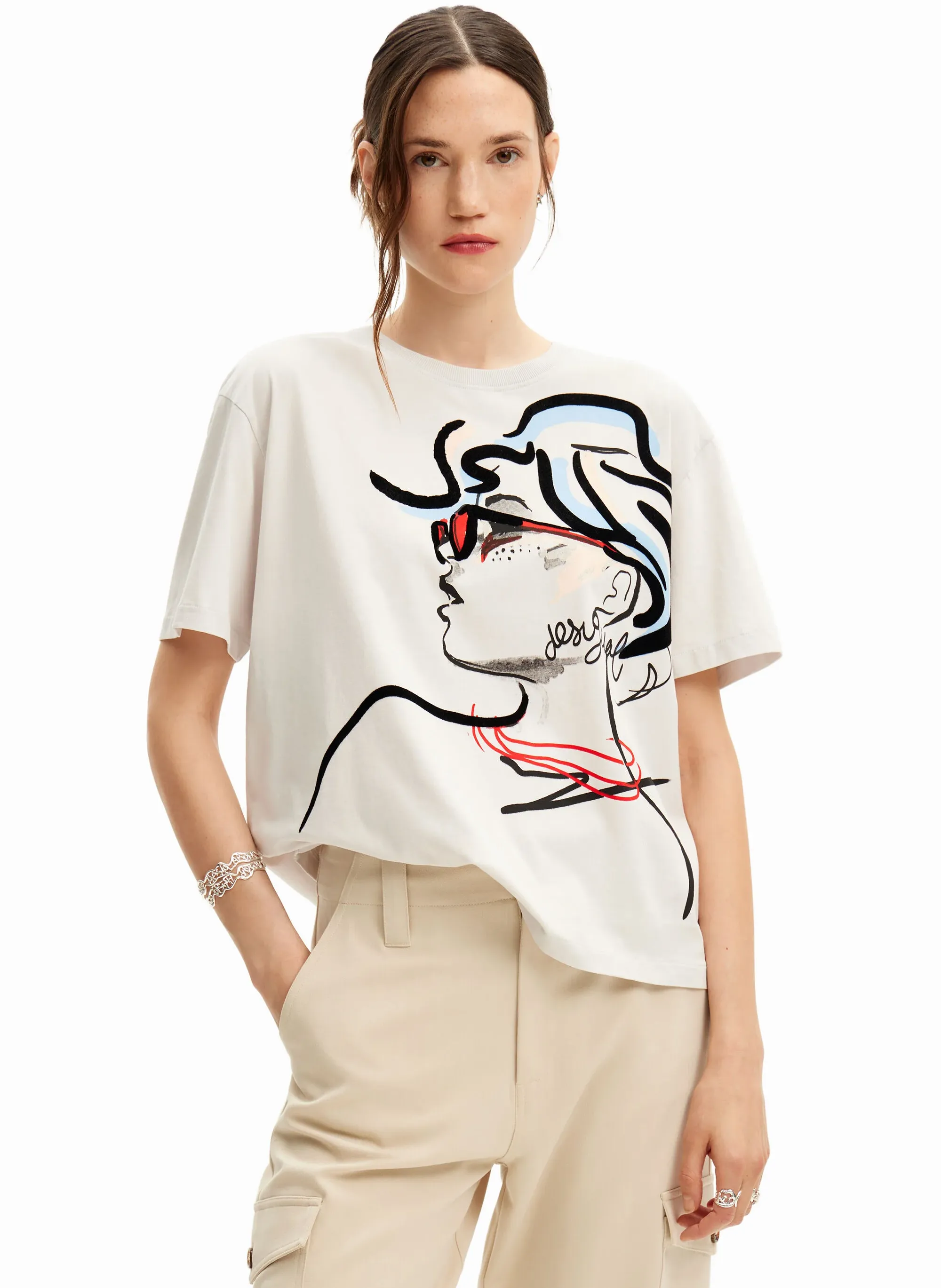  DESIGUAL   Maglietta girocollo dritta in cotone serigrafato | Bianco