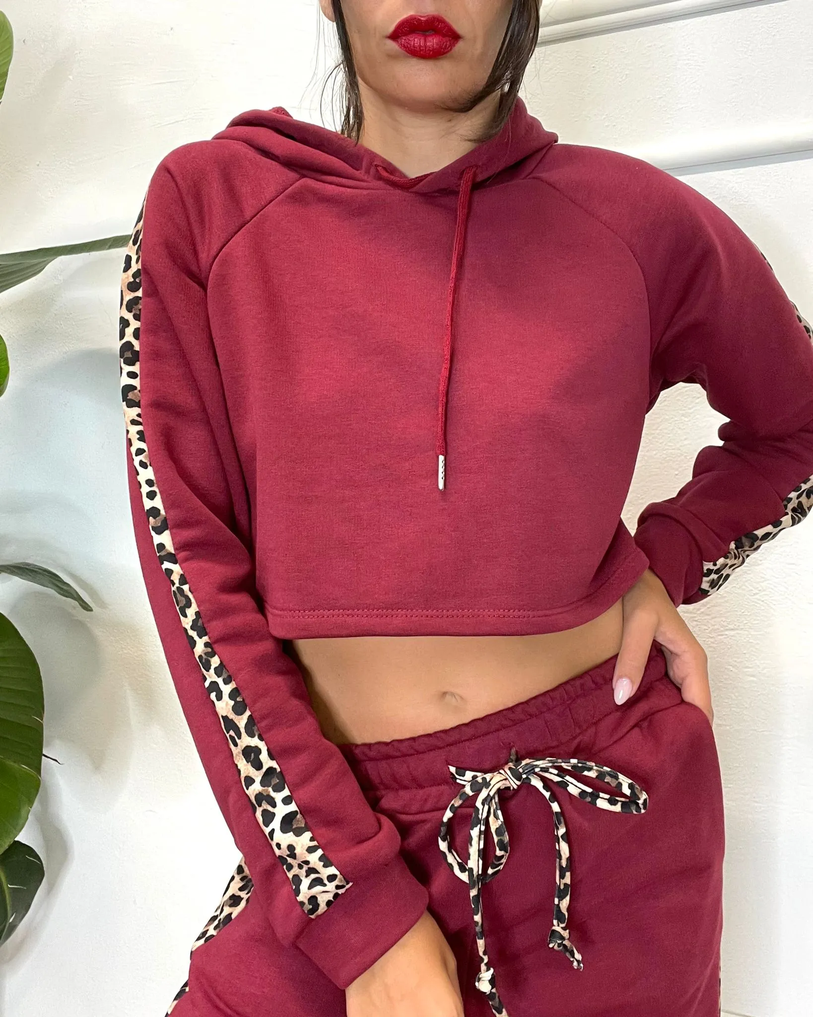 FELPA TUTA CAPPUCCIO BANDA LEOPARDATA 500 bordeaux