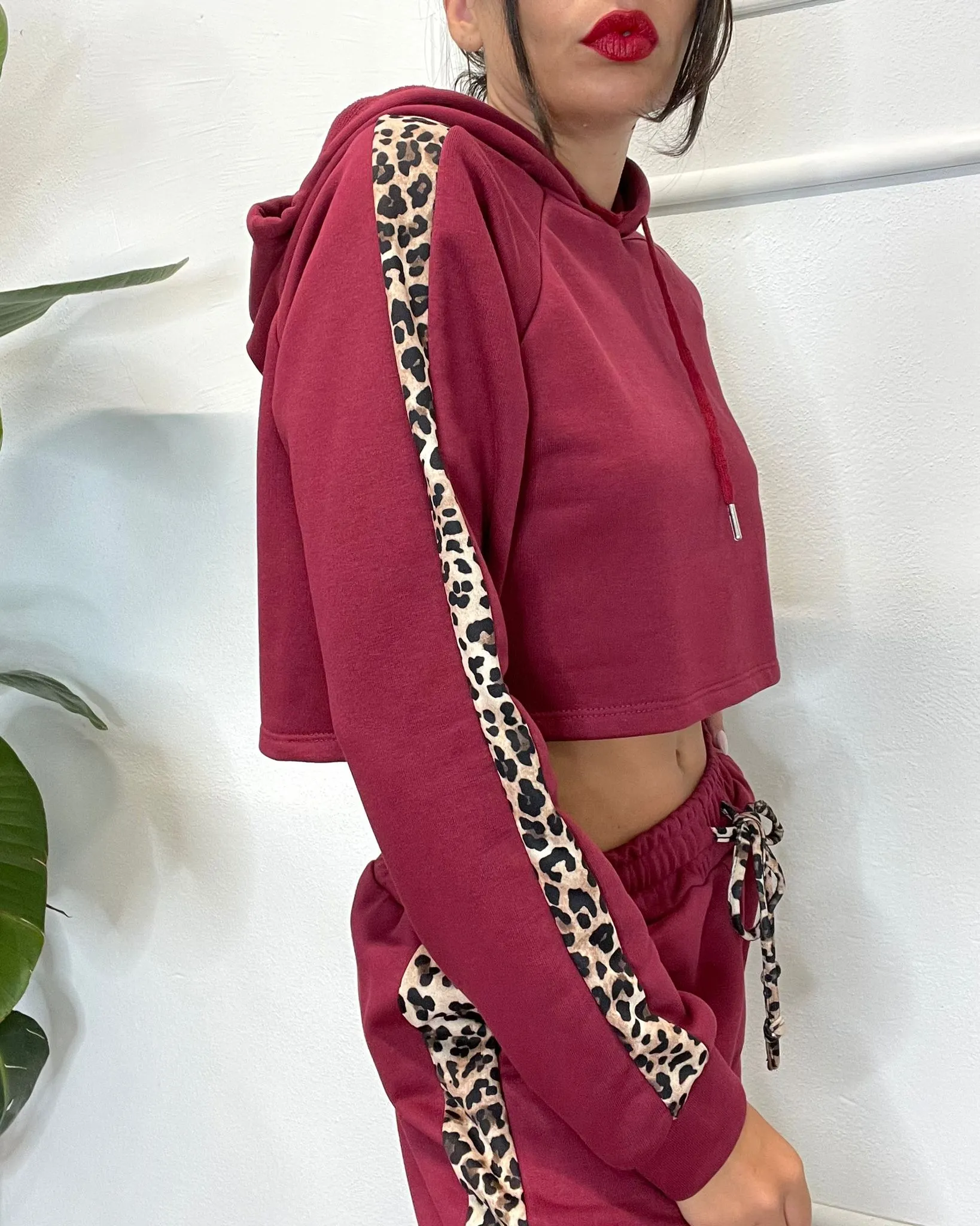 FELPA TUTA CAPPUCCIO BANDA LEOPARDATA 500 bordeaux
