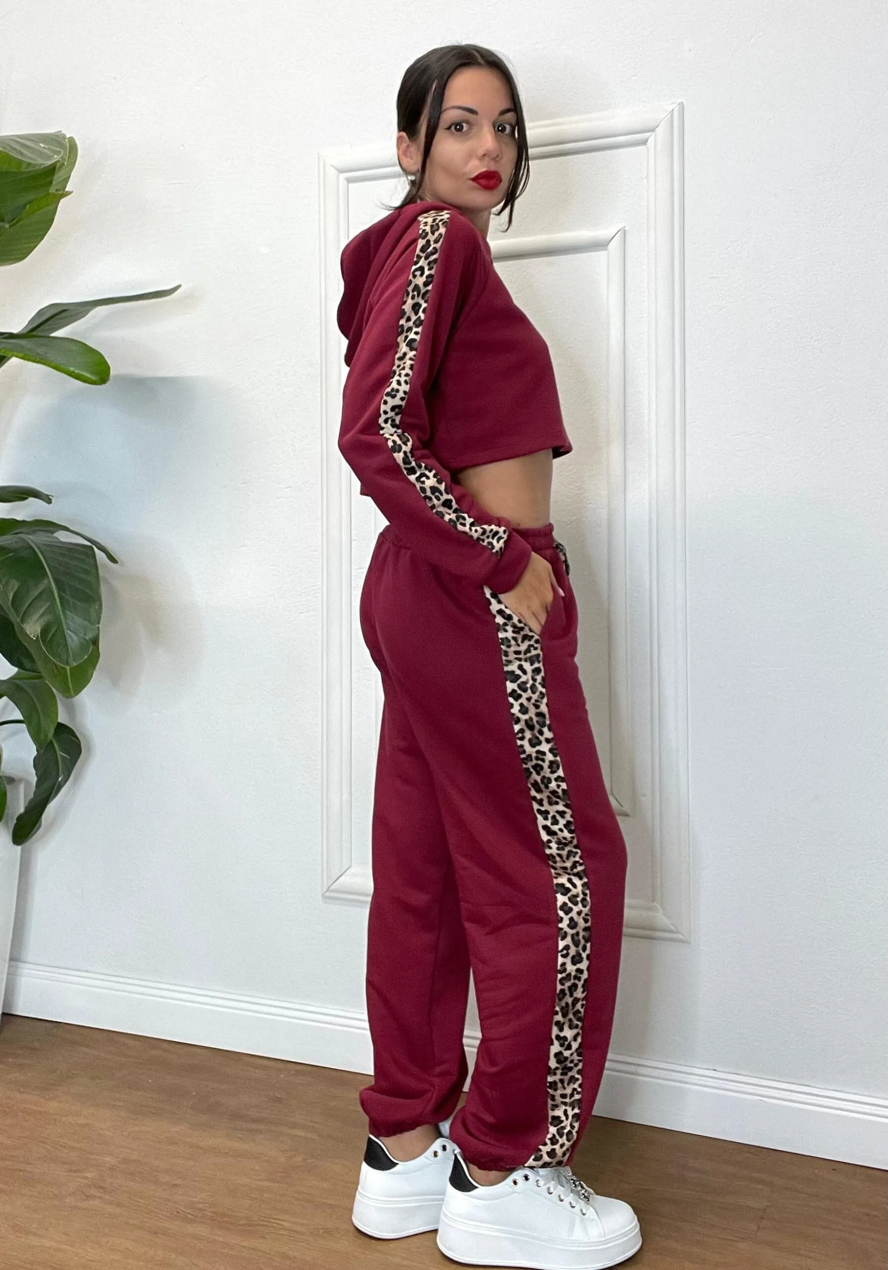 FELPA TUTA CAPPUCCIO BANDA LEOPARDATA 500 bordeaux