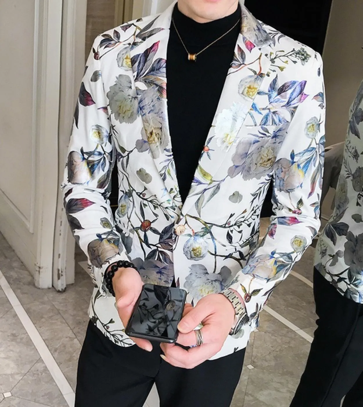 Giacca da uomo piccola primavera e autunno nuova giuntura floreale da uomo casual colletto da abito quotidiano sottile tasca a t