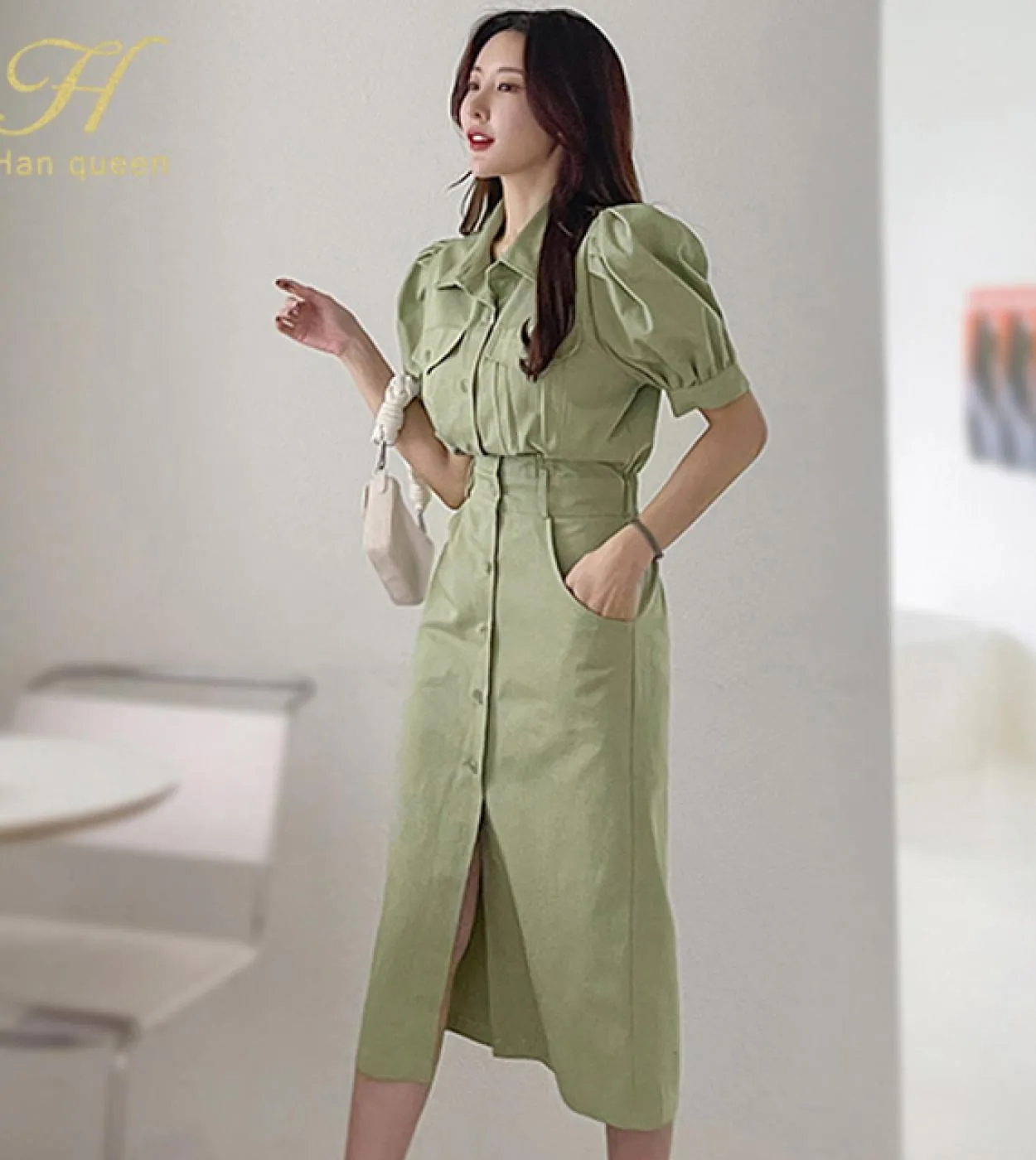 H Han Queen Elegante abito da ufficio monopetto con maniche a sbuffo Abiti estivi semplici da donna Slim A Line Casual Party