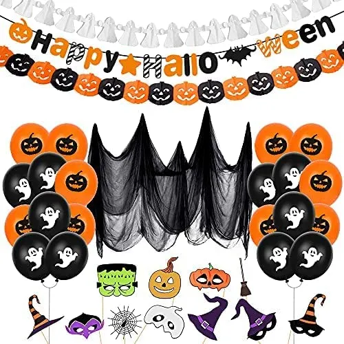 Halloween Palloncino Decorazione Set,Ragnatela Tenda,Happy Halloween Banner Ghirlande, Foto Prop Halloween,10 Zucca Palloncini,1