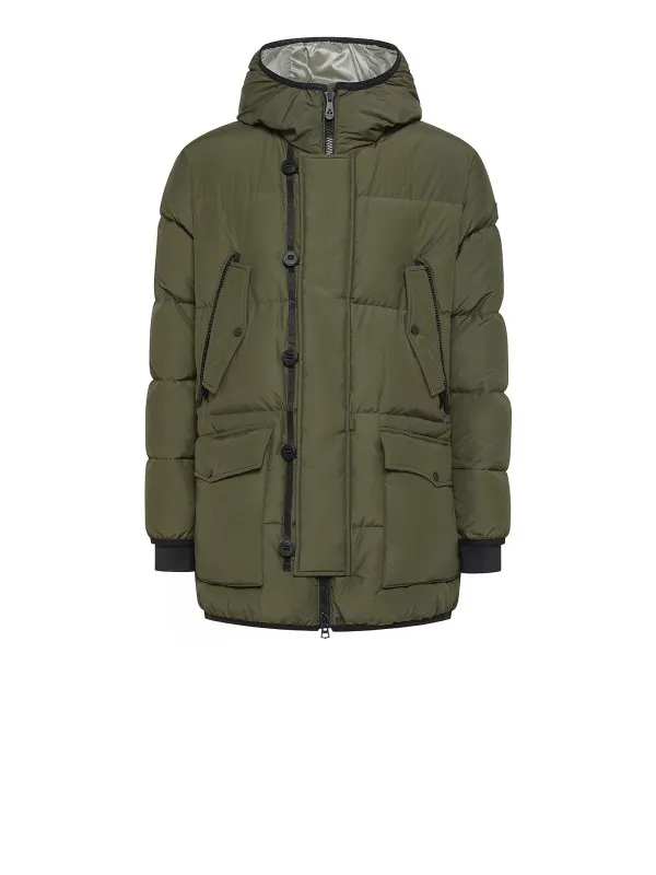 Long green down jacket with 4 pockets and hood