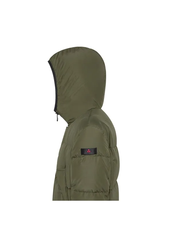 Long green down jacket with 4 pockets and hood