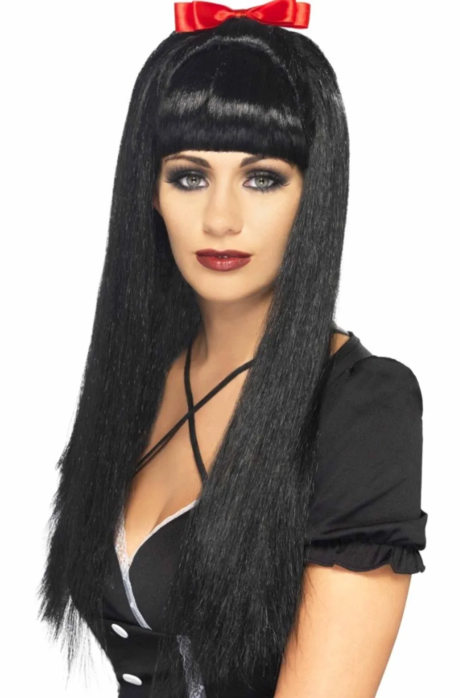Parrucca Nera liscia lunga con frangia biancaneve halloween
