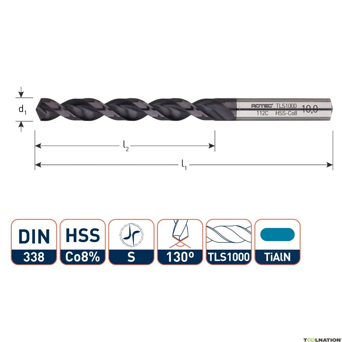 Rotec 112.0680C Punta elicoidale HSS-E, DIN338, tipo TLS1000, TiAlN, Ø6,8