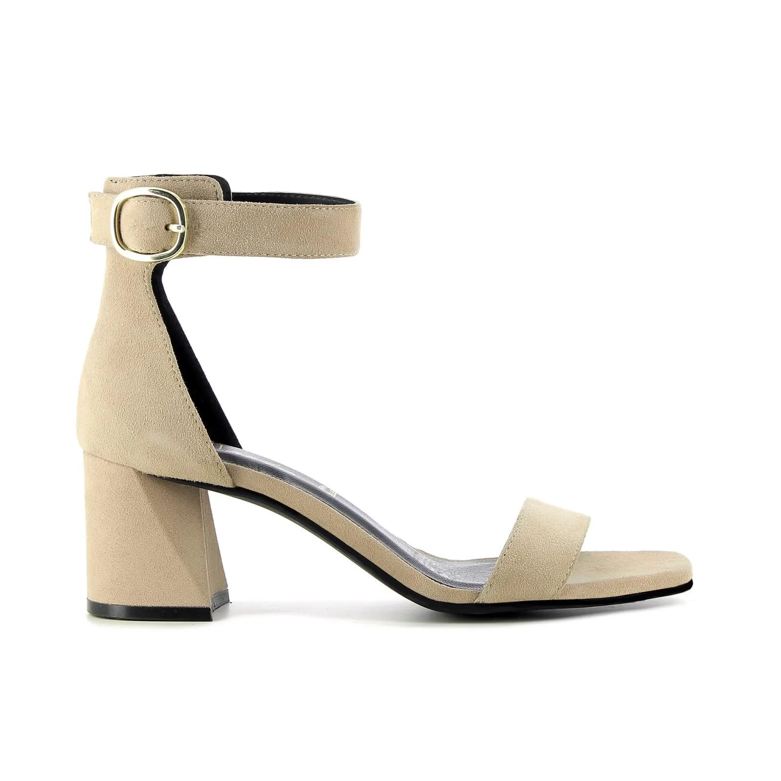 Sandali beige in pelle con tacco e cinturino