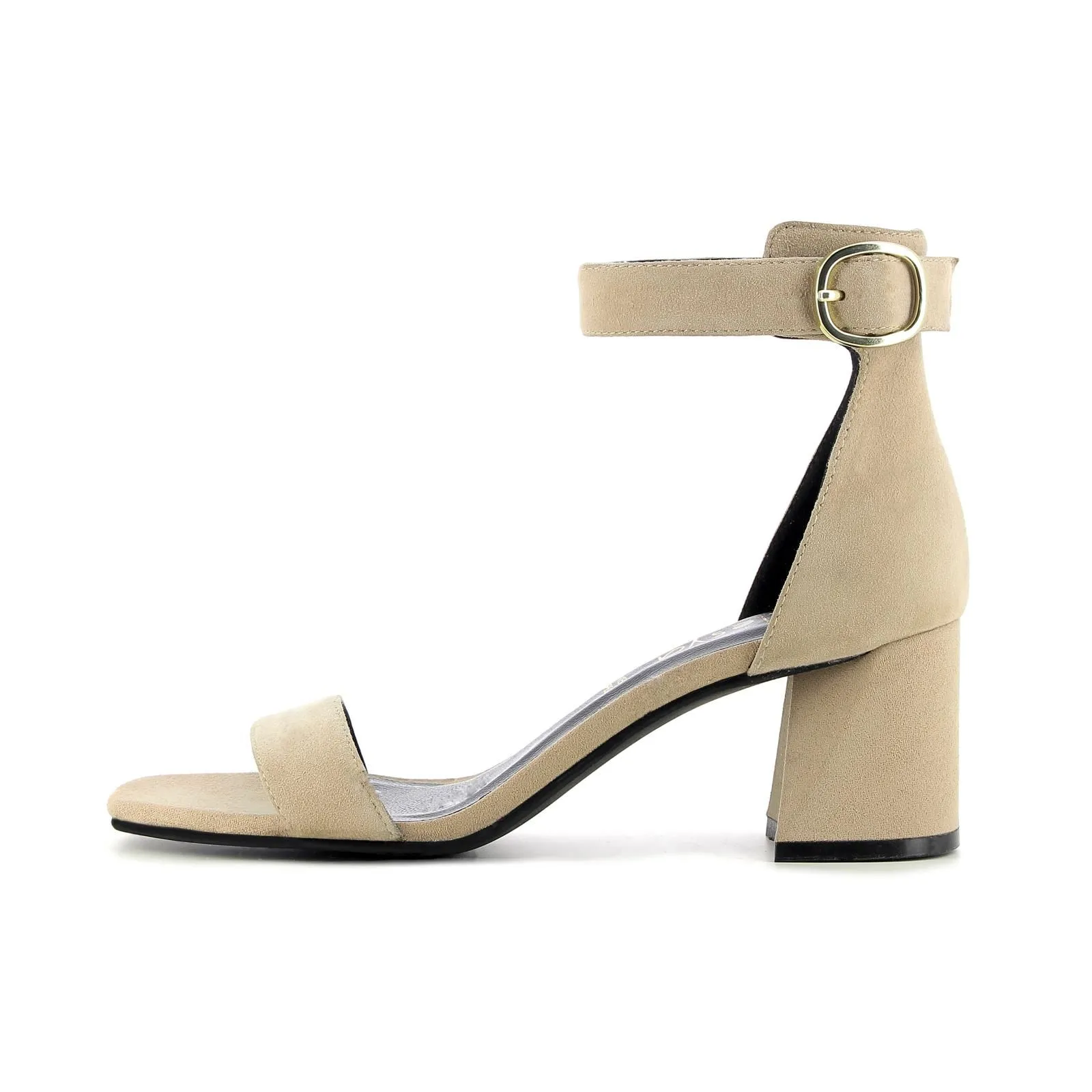 Sandali beige in pelle con tacco e cinturino