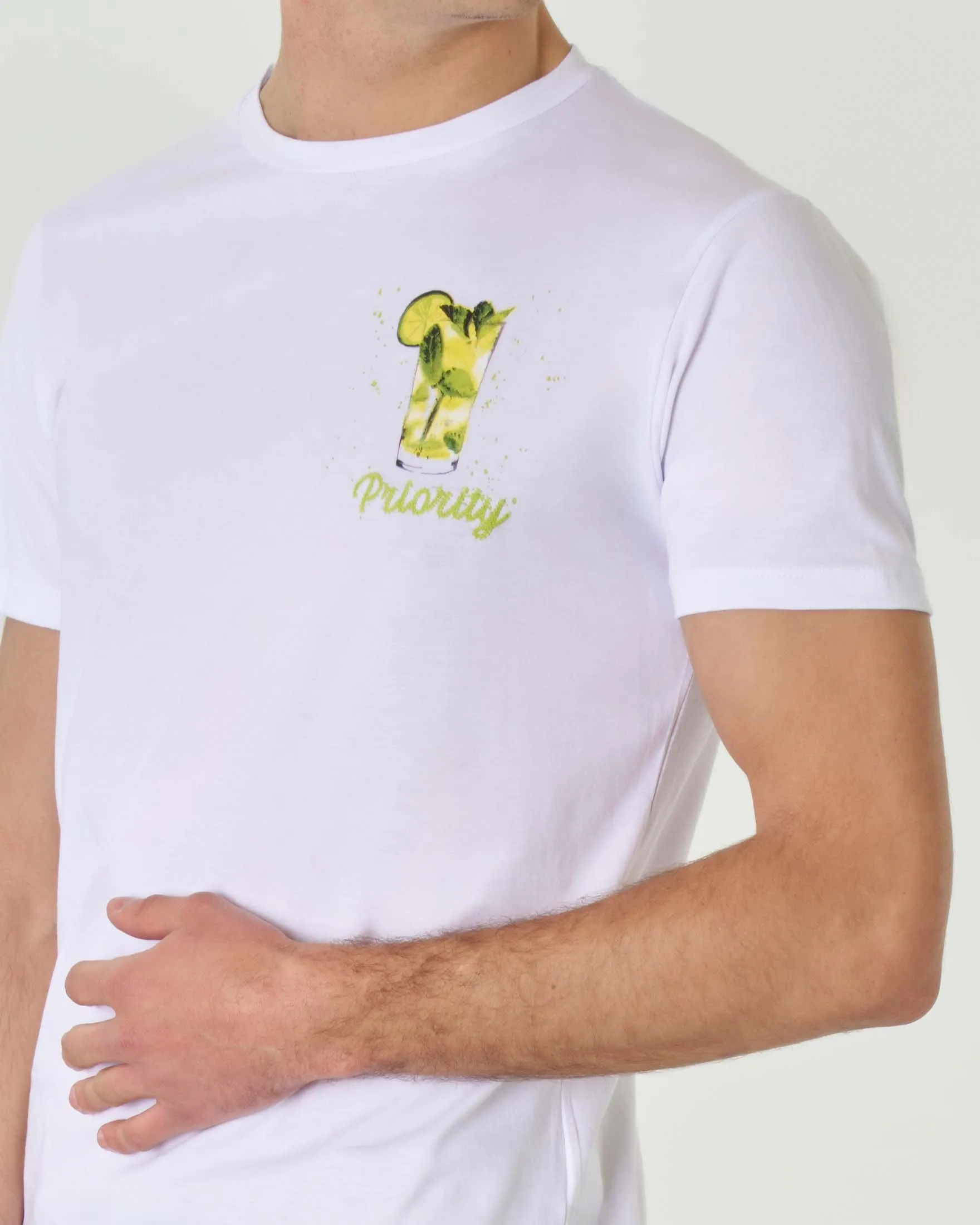 T-shirt bianca girocollo in puro cotone con stampa Mojito sul petto