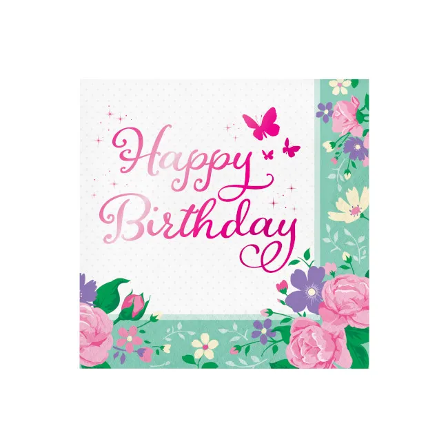 Tovaglioli fiori e farfalle con Happy Birthday 16,5 x 16,5 cm - 16 unità