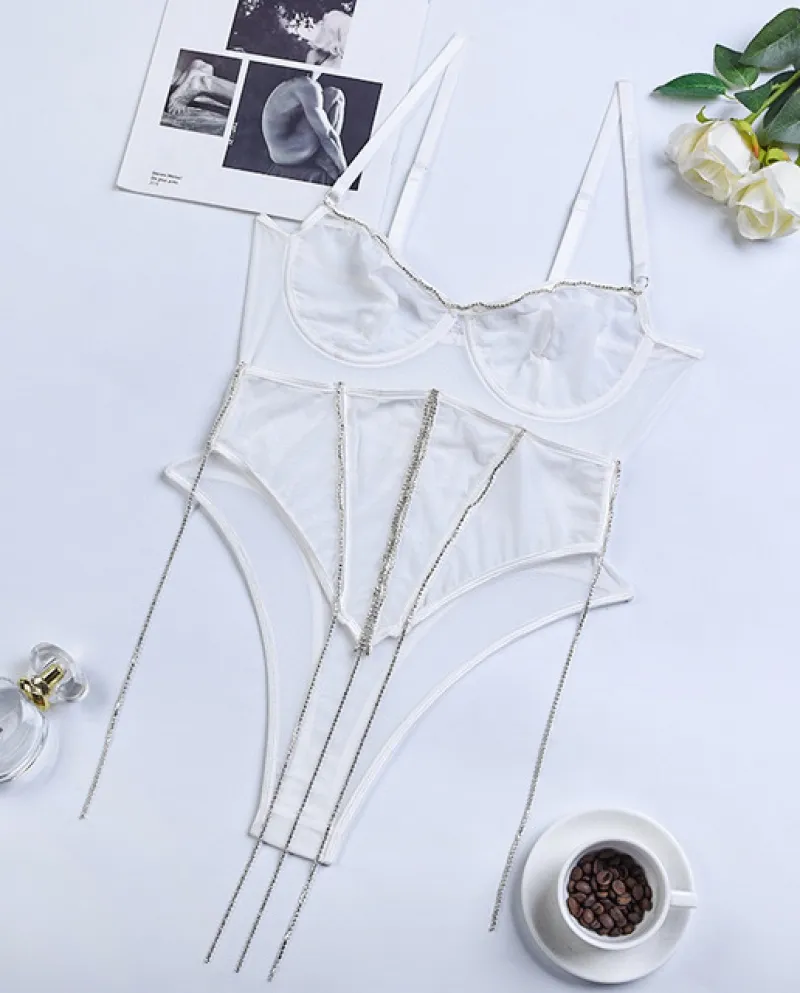 Yimunancy Set di 2 pezzi di biancheria intima con strass in rete trasparente Set di slip da donna con cinturino per spaghetti